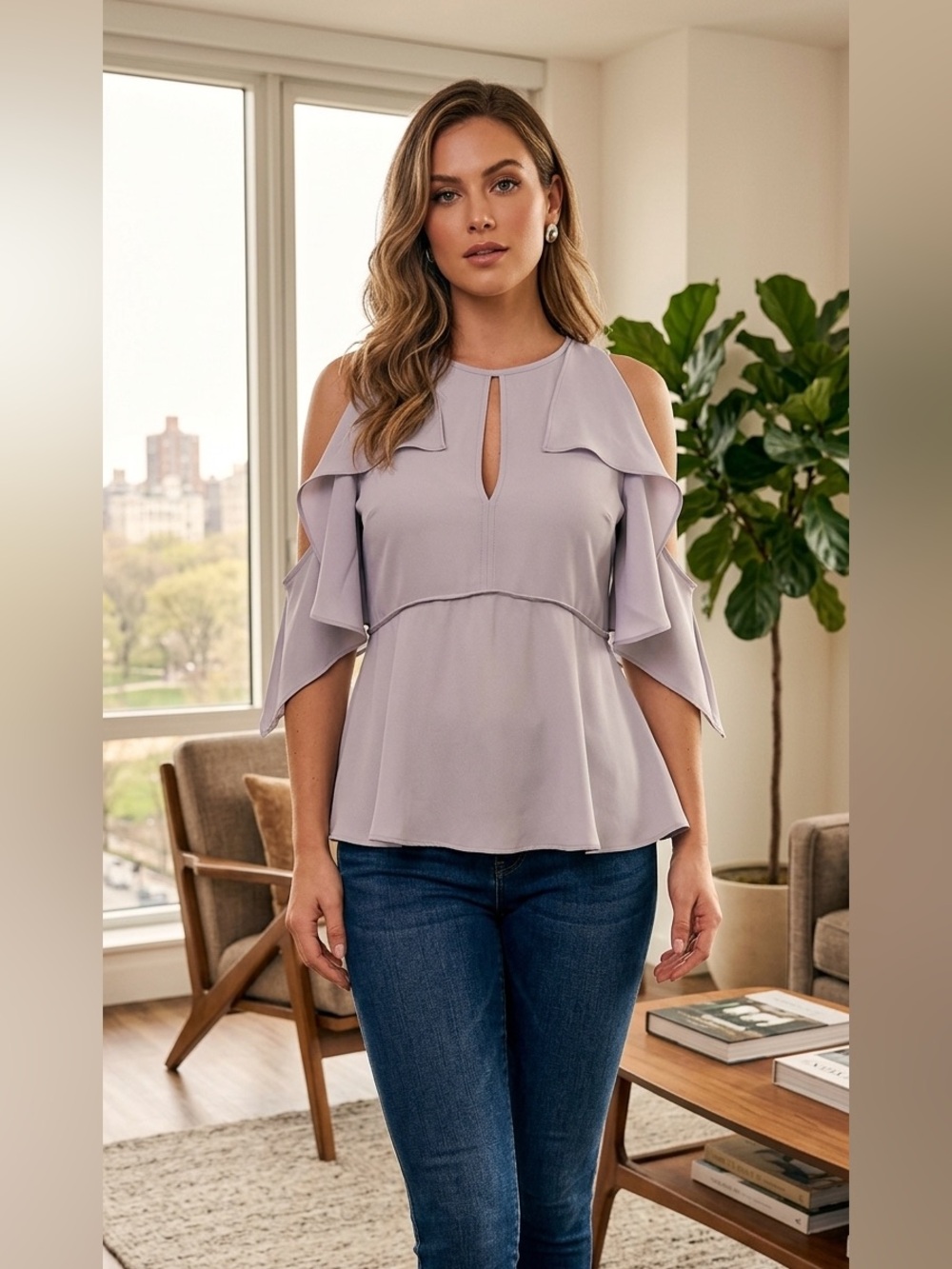 Lulus Cold Shoulder Ruffle Blouse Light Purple Size Small | Flowy Feminine Top
